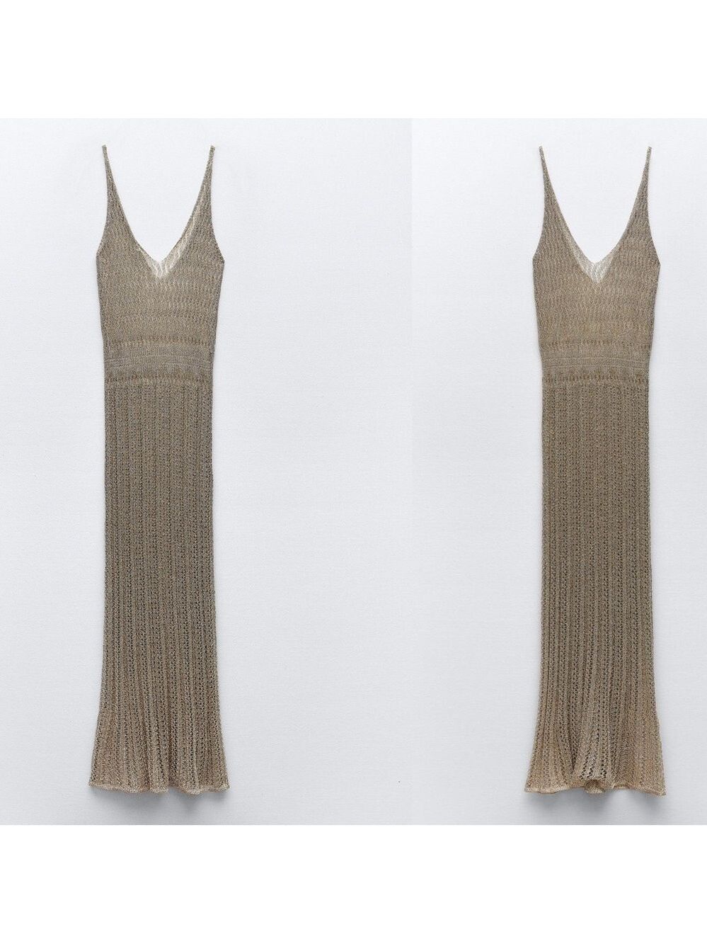 ZARA GOLD FITTED METALLIC THREAD CROCHET KNIT SPAGHETTI STRAP MIDI MAXI DRESS M - Picture 4 of 12